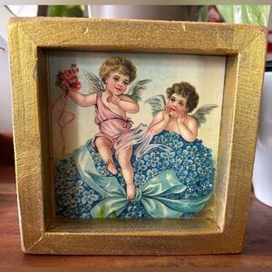 Vintage Style Cupid Fairy Gold Wood Decor Easter Wall Art 5” x 5” Baby Angel